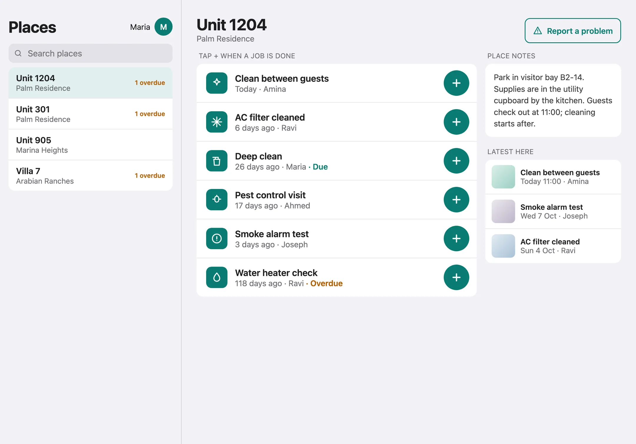 Shared iPad: places on the left, Unit 1204's jobs with + buttons on the right, and the place notes.