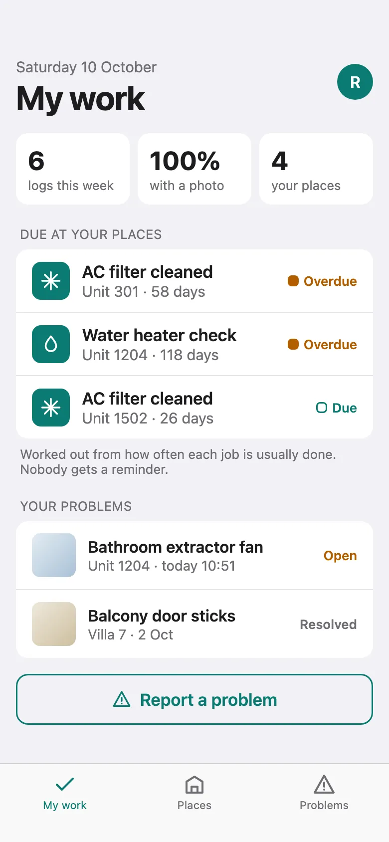 The staff app on iPhone: My work, with jobs due at Ravi's places, his logs this week and the problems he reported.