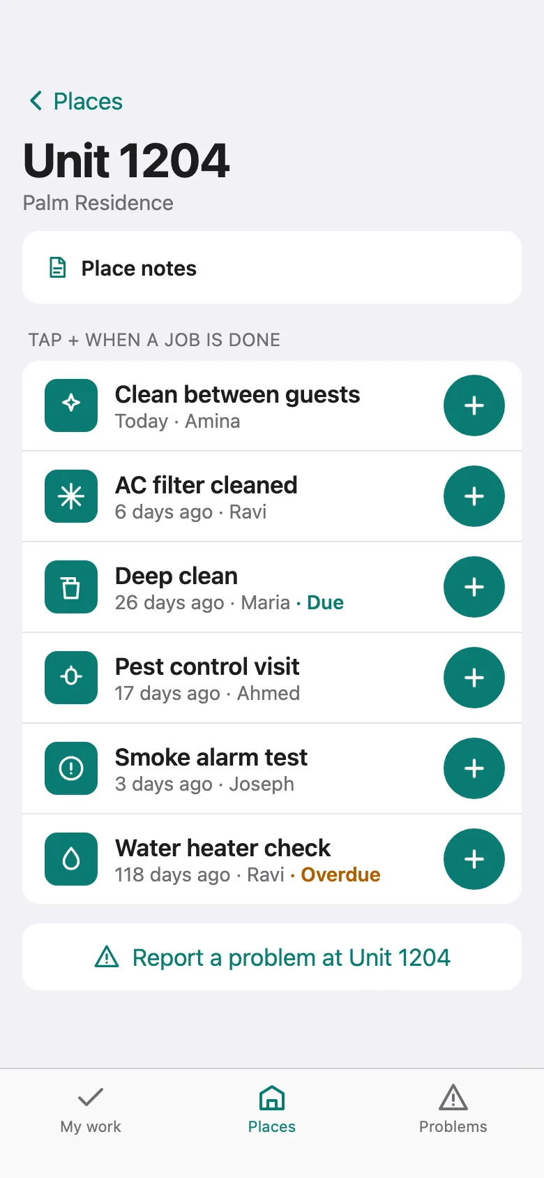 Unit 1204: place notes and the list of jobs, each with a + button, one due and one overdue.
